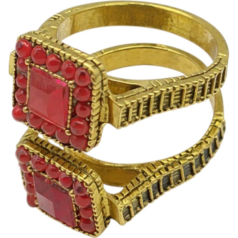 Ring Womens Gold Tone Pink Faux Gemstone Red Beaded Statement Band Size 10.5